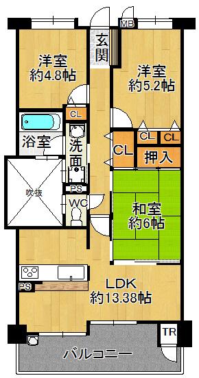 Floor plan. 3LDK, Price 21,800,000 yen, Occupied area 65.08 sq m , Balcony area 10.58 sq m