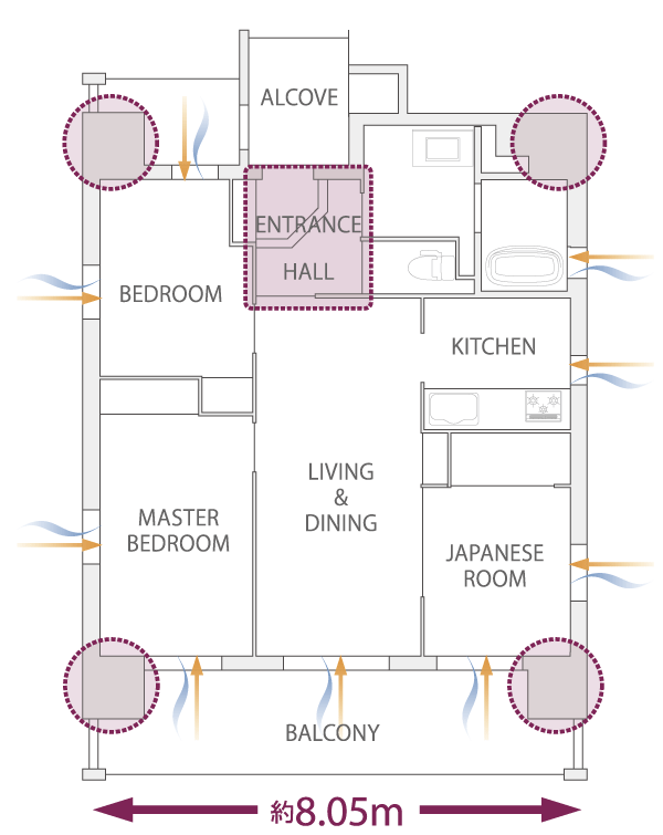 Features of the building.  [Cubic plan] With a room area loose and can be secured in a compact corridor, Out Paul design that do not generate a pillar type in the corner of the room you have (except for some) it is adopted (A1 type. Conceptual diagram)