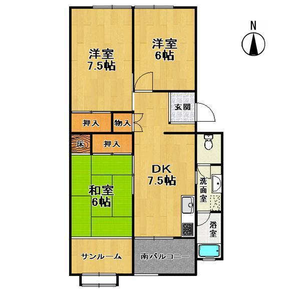 Floor plan. 3DK, Price 6.3 million yen, Occupied area 63.36 sq m , Balcony area 4.28 sq m