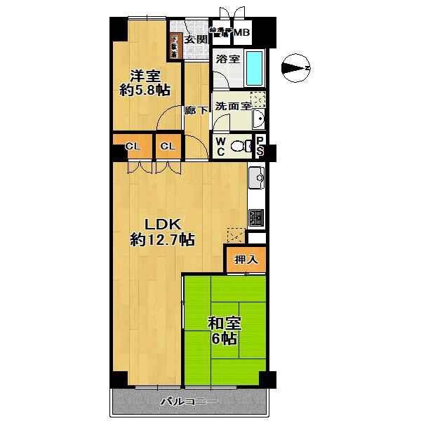 Floor plan. 2LDK, Price 12.9 million yen, Footprint 66 sq m , Balcony area 6.6 sq m