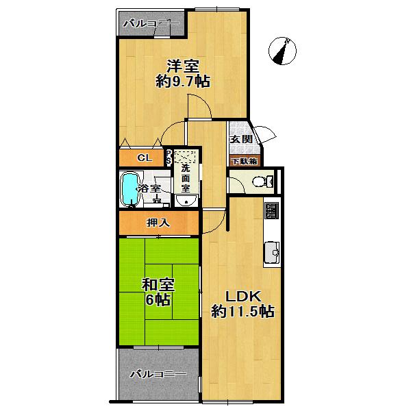 Floor plan. 2LDK, Price 13.8 million yen, Occupied area 62.03 sq m , Balcony area 7.08 sq m