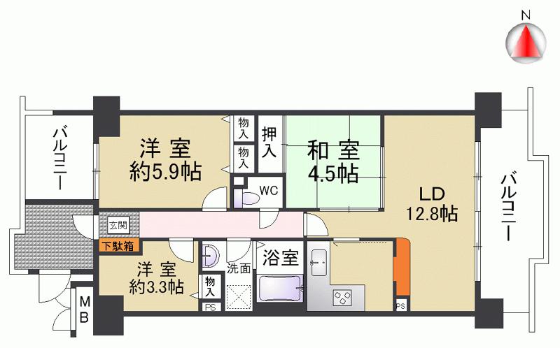 Floor plan. 3LDK, Price 13.3 million yen, Occupied area 59.36 sq m , High building around on the balcony of the balcony area 9.3 sq m east and west two faces Because there is no, Ventilation, Day is both good