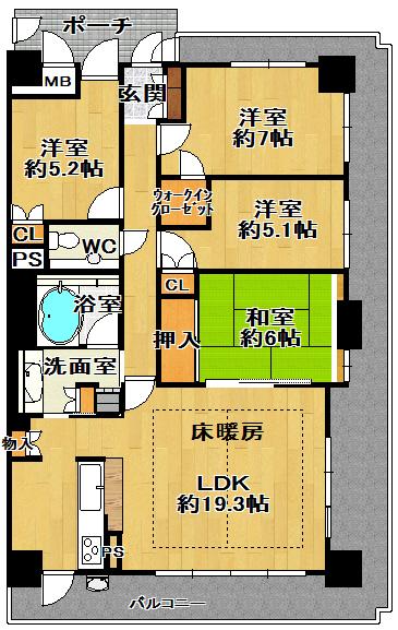Floor plan. 4LDK, Price 42,800,000 yen, Occupied area 95.04 sq m , Balcony area 35 sq m