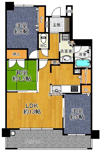 Floor plan. 3LDK, Price 23,900,000 yen, Occupied area 64.19 sq m , Balcony area 11.96 sq m
