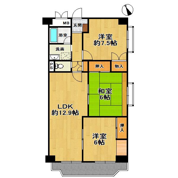 Floor plan. 3LDK, Price 15.8 million yen, Occupied area 75.52 sq m , Balcony area 7.8 sq m top floor angle room!