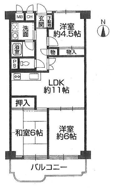 Floor plan. 3LDK, Price 12.8 million yen, Occupied area 59.06 sq m , Balcony area 7.64 sq m