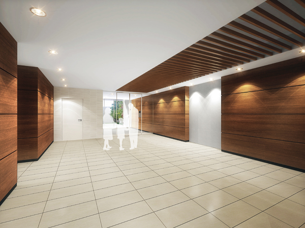 Shared facilities.  [Entrance hall] In finishing materials and chic of ivory system, including floor tiles to place a well-balanced finish material of magnificent woodgrain, And twist refreshing contrast is the entrance hall, which was coordinated (Rendering)