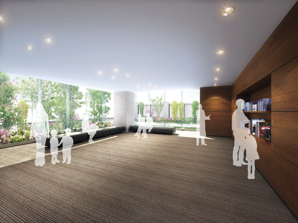Shared facilities.  [Library] The library provided in the entrance hall aside, It placed a large glass on two sides, The bright and spacious airy community space is provided. Luxurious space to spend a calm moment (Rendering)