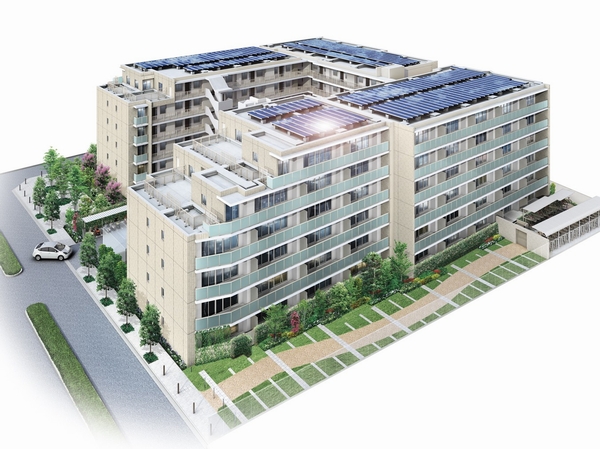 Five per dwelling unit on the roof, Installing the solar panels of all mansion worth. In total 108 units of scale, Apartment was adopted all households door-to-door supply solar photovoltaic power generation system is the largest Kansai (2012 December, MRC examined. Exterior - Rendering)