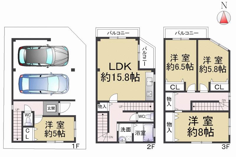 Floor plan. 26,800,000 yen, 4LDK, Land area 70.81 sq m , Building area 114.74 sq m northeast of the corner lot, It can very bright is a house parking two car