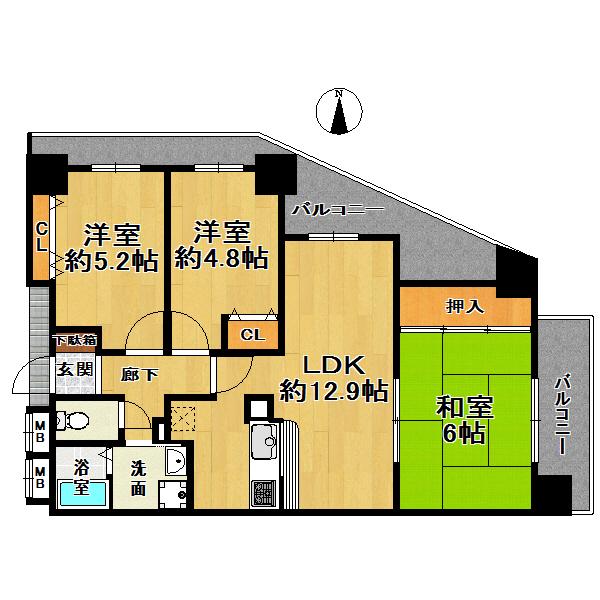 Floor plan. 3LDK, Price 18,800,000 yen, Footprint 64.7 sq m , Balcony area 9.22 sq m
