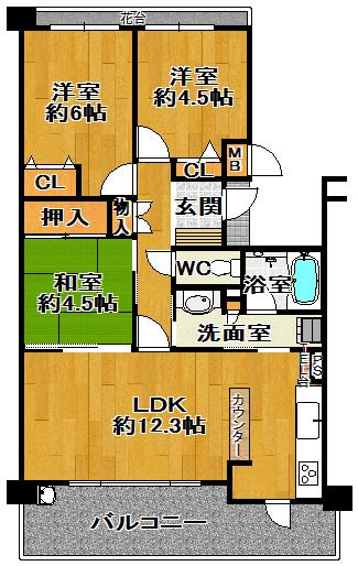 Floor plan. 3LDK, Price 19,800,000 yen, Occupied area 63.99 sq m , Balcony area 13.12 sq m
