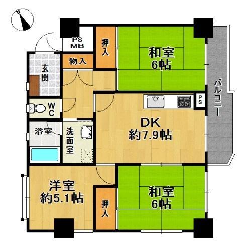 Floor plan. 3DK, Price 10.8 million yen, Occupied area 59.49 sq m , Bright floor plan there is a lighting of the balcony area 7.41 sq m south-facing