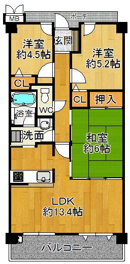 Floor plan. 3LDK, Price 16.3 million yen, Occupied area 63.64 sq m
