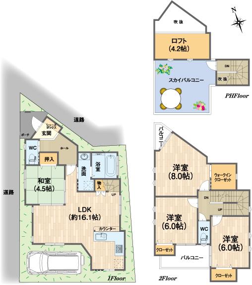 Floor plan. 38,800,000 yen, 4LDK, Land area 100.87 sq m , Facing the building area 99.6 sq m can be color select Off by each room 6 quires more balcony, It is very bright. Blue sky barbecue and astronomical observation in Miyageru Sky balcony, etc., To suit your lifestyle, You can enjoy. 