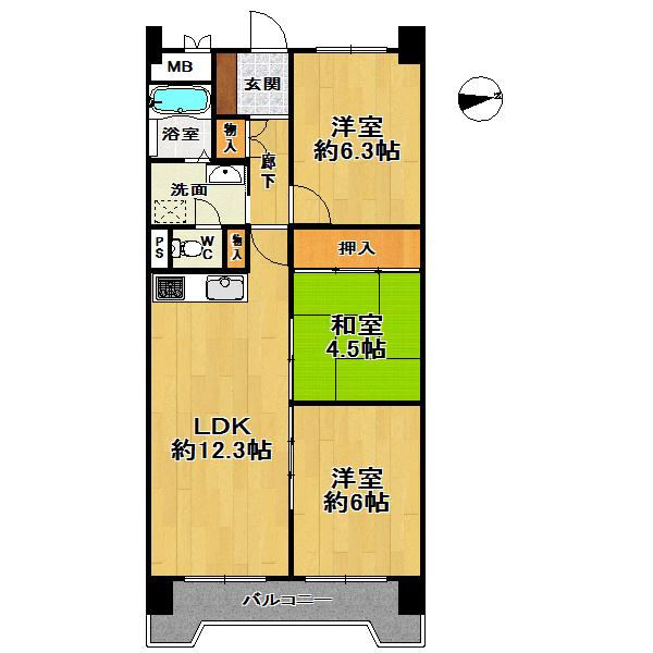 Floor plan. 3LDK, Price 15.9 million yen, Occupied area 64.96 sq m , Balcony area 7.84 sq m