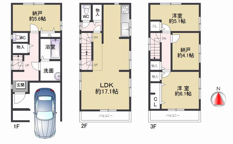 Floor plan. 30,800,000 yen, 2LDK + 2S (storeroom), Land area 70.6 sq m , Building area 109.92 sq m LDK is relaxed about 17.1 Pledge your car is two can park