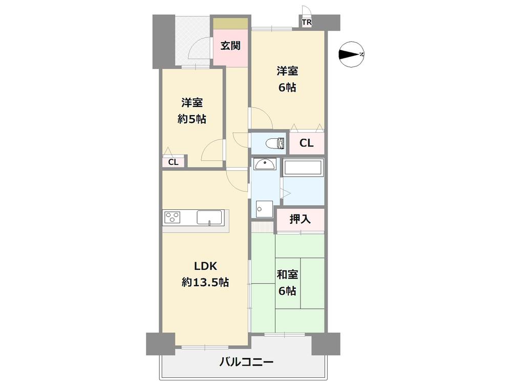 Floor plan. 3LDK, Price 18,800,000 yen, Occupied area 65.94 sq m , First floor of the balcony area 9.64 sq m eastward! 2001 is the total number of units 49 units of apartments built!