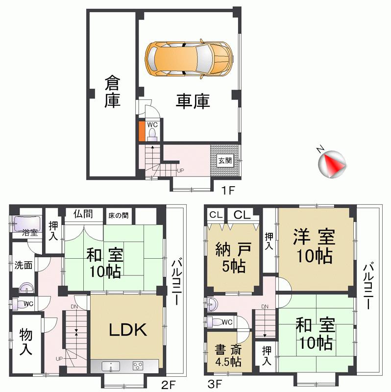 Floor plan. 32,800,000 yen, 3LDK + 2S (storeroom), Land area 99.89 sq m , Building area 203.4 sq m 2, The third floor is the living space are three 10 tatami rooms, 5 Pledge of closet there is a 4.5 Pledge of study