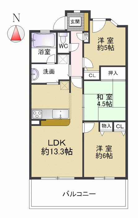 Floor plan. 3LDK, Price 18.9 million yen, Occupied area 64.44 sq m , Balcony area 12.35 sq m