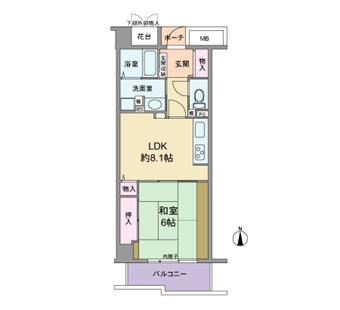 Floor plan. 1LDK, Price 14.8 million yen, Occupied area 43.66 sq m , Balcony area 8.1 sq m