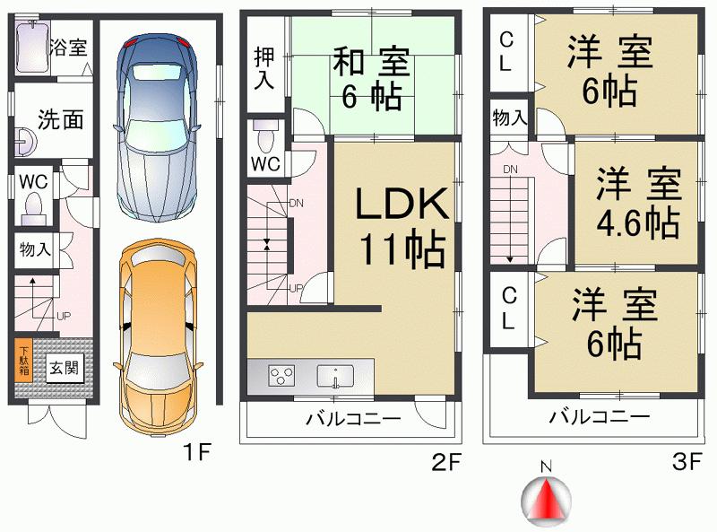 Floor plan. 21,800,000 yen, 4LDK, Land area 62.19 sq m , Building area 109.89 sq m with shutters garage, The car will not be exposed to the wind and rain