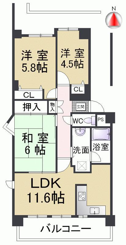 Floor plan. South-facing balcony Equipped with a face-to-face kitchen to LDK This apartment 3LDK that loose Station of the popularity of Mukonosō Station near