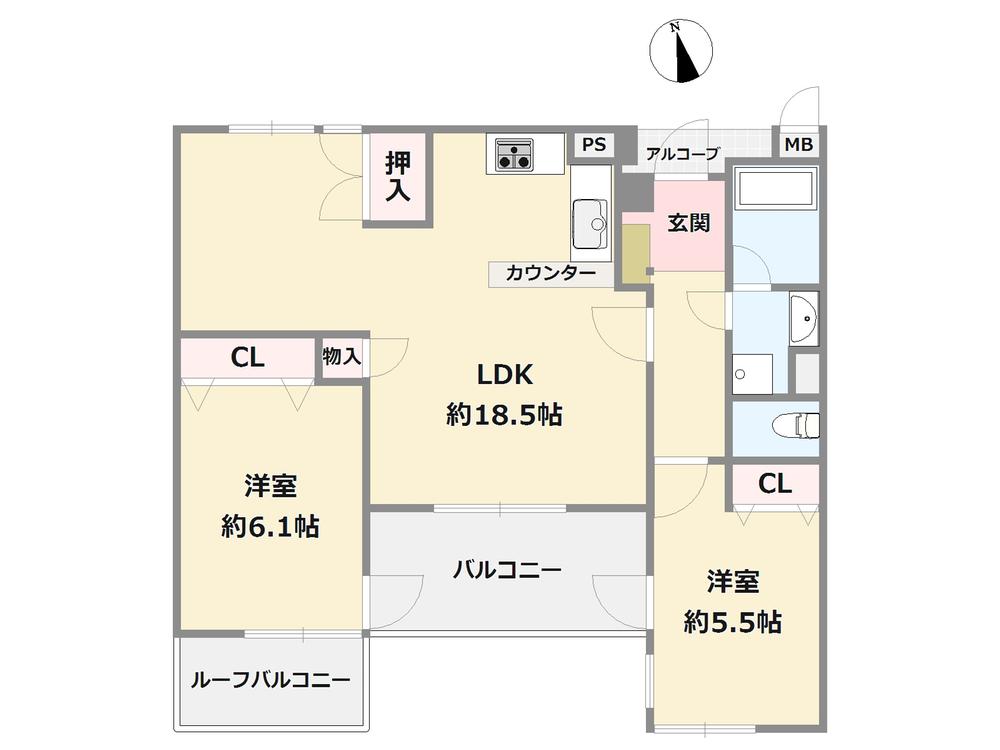 Floor plan. 2LDK, Price 13.8 million yen, Occupied area 65.43 sq m , Balcony area 7.8 sq m