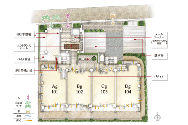 Features of the building.  [Land Plan] While located in the city, Achieve a south-facing the center of the dwelling unit layout that is nestled in the fresh light and wind. The shared portion, Make a room facilities are equipped to live (site layout)