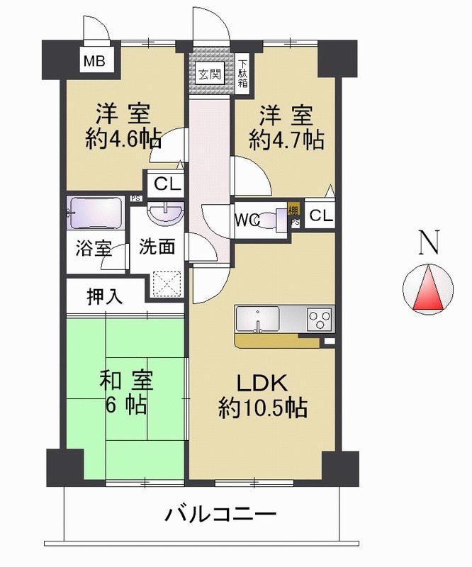 Floor plan. 3LDK, Price 16.8 million yen, Footprint 57.6 sq m , Balcony area 9 sq m kitchen ・ unit bus ・ Property is of reform passes, such as vanity replacement cross re-covering
