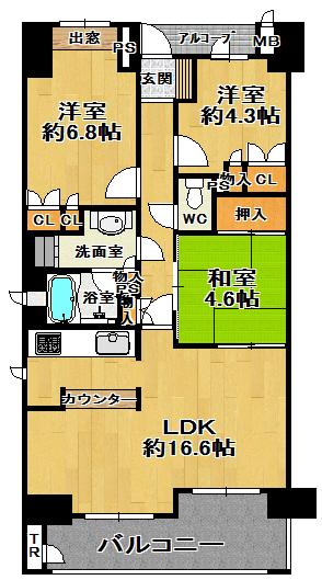 Floor plan. 3LDK, Price 21,800,000 yen, Occupied area 70.78 sq m , Balcony area 9.34 sq m