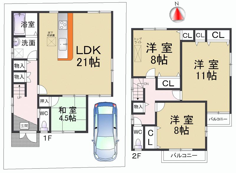 Floor plan. 32.7 million yen, 4LDK, Land area 107.23 sq m , There is a building area of ​​119.88 sq m car park next to the wide space, Mini-cars and motorcycles and bicycles are put likely with space