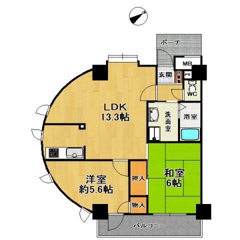 Floor plan. 2LDK, Price 8.8 million yen, Occupied area 53.42 sq m , It is a unique floor plan with a balcony area 6.05 sq m roundness! Lighting Many are positive per good!
