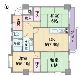 Floor plan. 3DK, Price 10.8 million yen, Occupied area 59.49 sq m , Balcony area 7.41 sq m floor plan