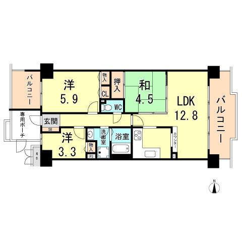 Floor plan. 3LDK, Price 13.3 million yen, Occupied area 59.36 sq m , Balcony area 9.3 sq m