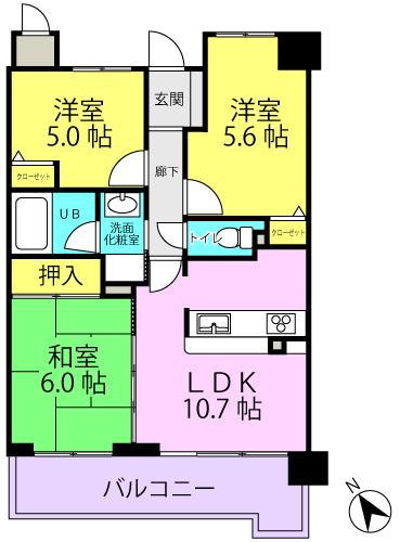 Floor plan. 3LDK, Price 17,900,000 yen, Footprint 59.4 sq m , Balcony area 10.26 sq m