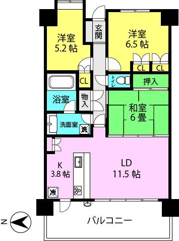 Floor plan. 3LDK, Price 26,800,000 yen, Occupied area 73.08 sq m , Balcony area 14.48 sq m