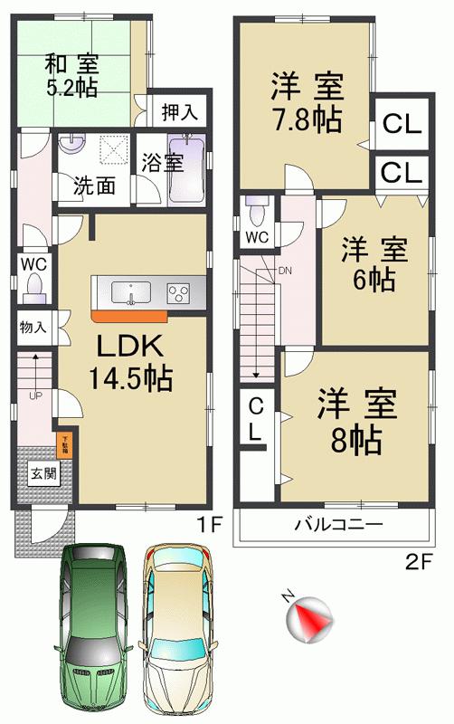 Floor plan. 30,800,000 yen, 3LDK + S (storeroom), Land area 97.41 sq m , It is a building area of 95.57 sq m Hankyu Sonoda 4LDK 9 minutes 2-storey walk to the Train Station
