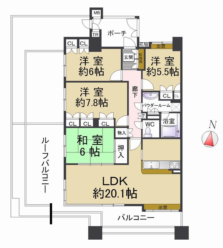 Floor plan. 4LDK, Price 34,800,000 yen, Occupied area 98.05 sq m , Balcony area 13.96 sq m southwest angle room on the top floor a large roof balcony is attractive