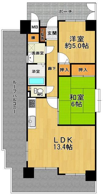 Floor plan. 2LDK, Price 19.3 million yen, Occupied area 55.36 sq m , Balcony area 25.82 sq m   ◆ 2LDK + roof balcony