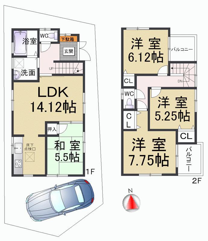 Floor plan. South ・ North ・ It is the new home of the east of the three-direction land Great value for money with solar power system Super Life walk 1 minute It is convenient