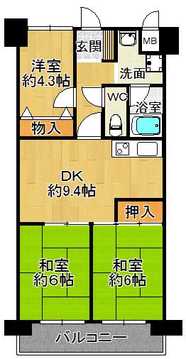 Floor plan. 3DK, Price 6.8 million yen, Occupied area 57.22 sq m , Balcony area 8.72 sq m
