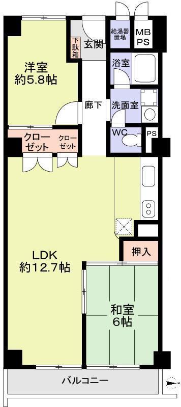 Floor plan. 2LDK, Price 12.9 million yen, Footprint 66 sq m , Balcony area 6.6 sq m