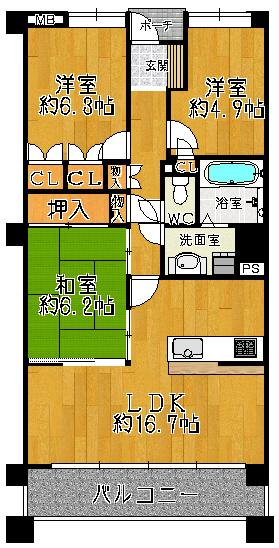 Floor plan. 3LDK, Price 25,800,000 yen, Footprint 77.8 sq m , Balcony area 12.16 sq m