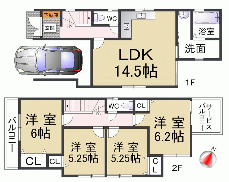 Floor plan. 33,800,000 yen, 4LDK, Land area 86.69 sq m , Building area 104.15 sq m All rooms 6 quires more, It is a two-story 4LDK