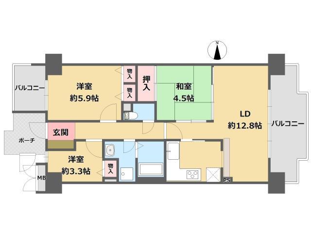 Floor plan. 3LDK, Price 13.3 million yen, Occupied area 59.36 sq m , Balcony area 9.3 sq m