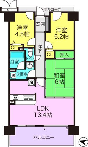 Floor plan. 3LDK, Price 16.3 million yen, Occupied area 63.64 sq m , Balcony area 5 sq m