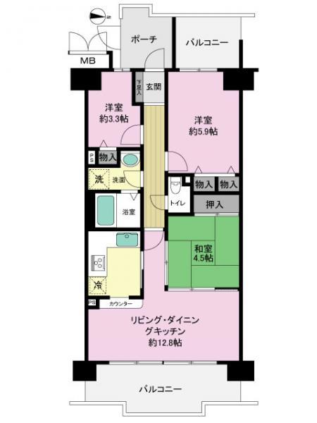 Floor plan. 3LDK, Price 14.8 million yen, Occupied area 59.36 sq m , Balcony area 9.3 sq m