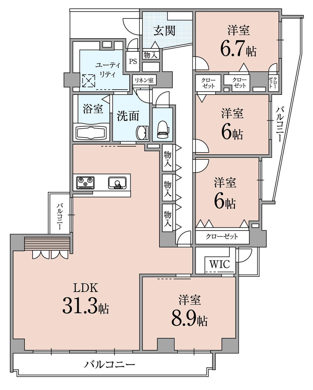 Floor plan. 4LDK, Price 25,800,000 yen, Footprint 141.05 sq m , Balcony area 21.1 sq m skeleton renovation housing (water around ・ Joinery ・ Floor, such as you had made all) unit bus wide 1200mm vanity LDK31.3 quires 1621 size