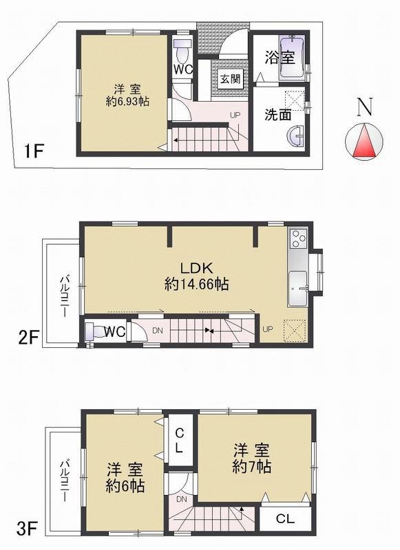 Floor plan. 23,300,000 yen, 3LDK, Land area 46.02 sq m , Building area 84.99 sq m northwest corner lot, It is a new construction of affordable